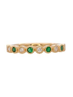 2mm Zambian Emerald and Earth-Mined Diamond Milgrain Band Ring in Solid 14K Gold